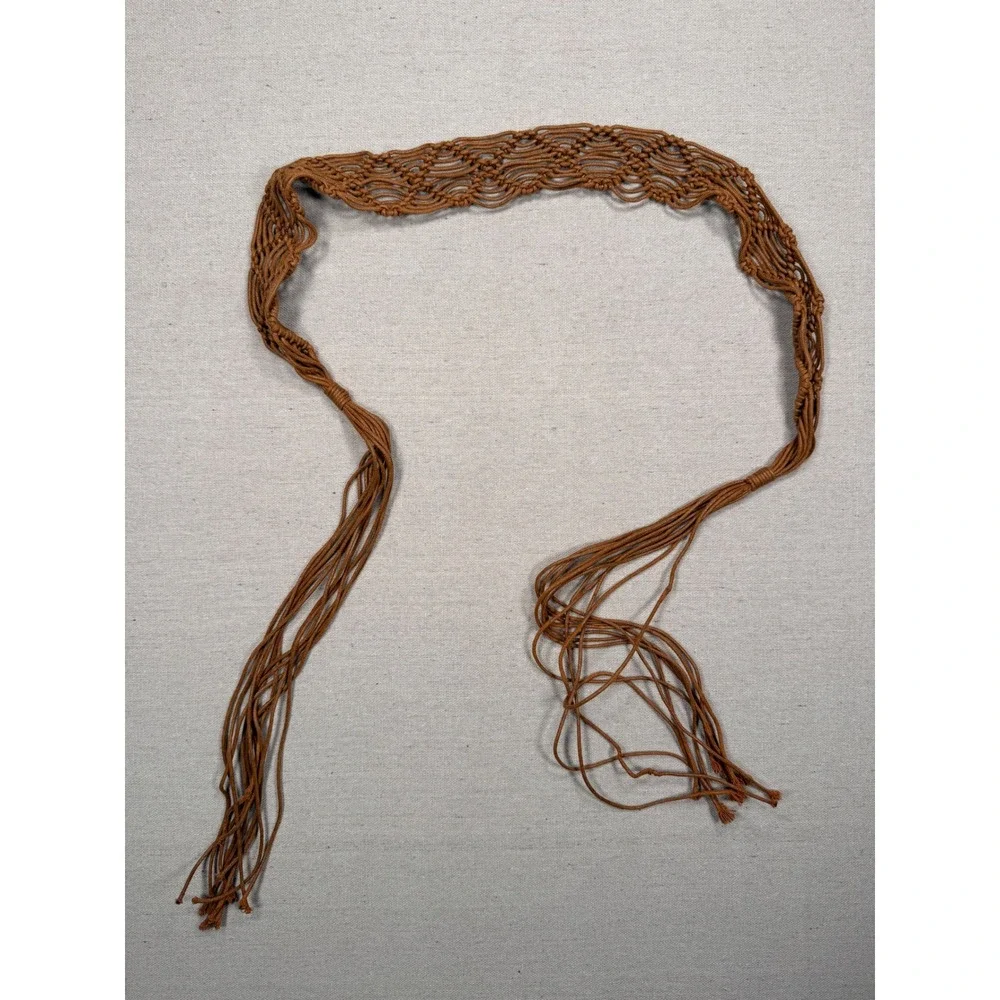 Vintage Boho Macrame Woven Fringe Tie Belt Cognac Brown One Size